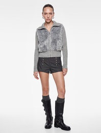Slim Fit Triko Dik Yaka Fermuarlı Suni Kürk Hırka
