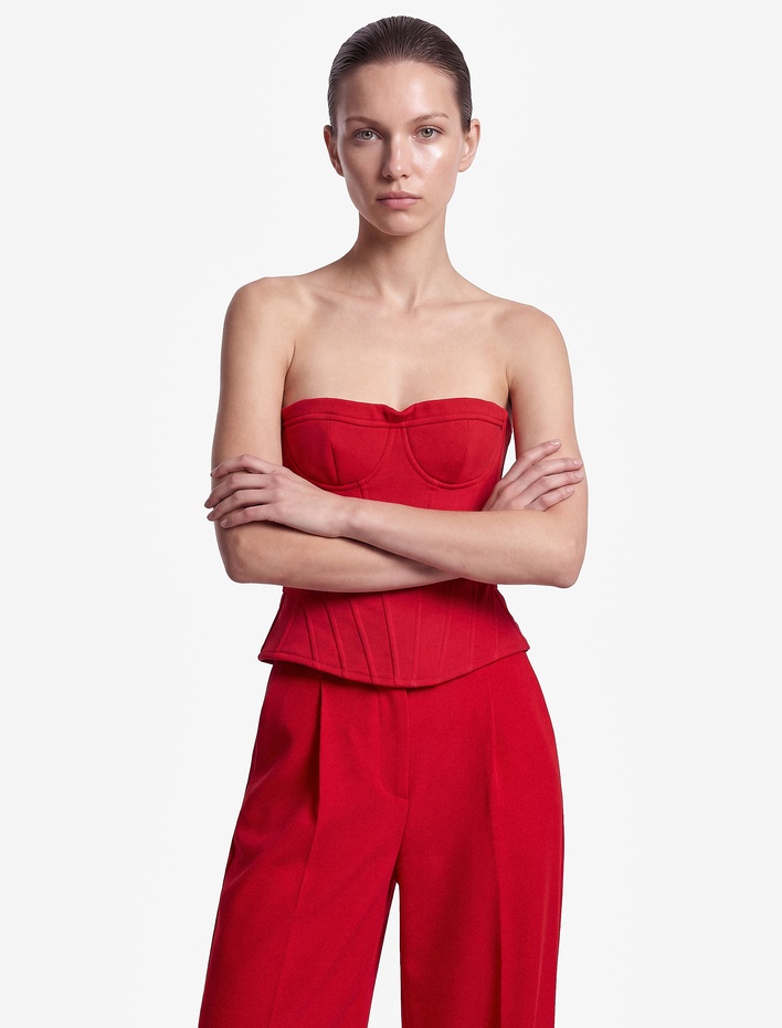  Krep Kumaş Peplum Kesim Dikiş Detaylı Straplez Kolsuz Korse Büstiyer