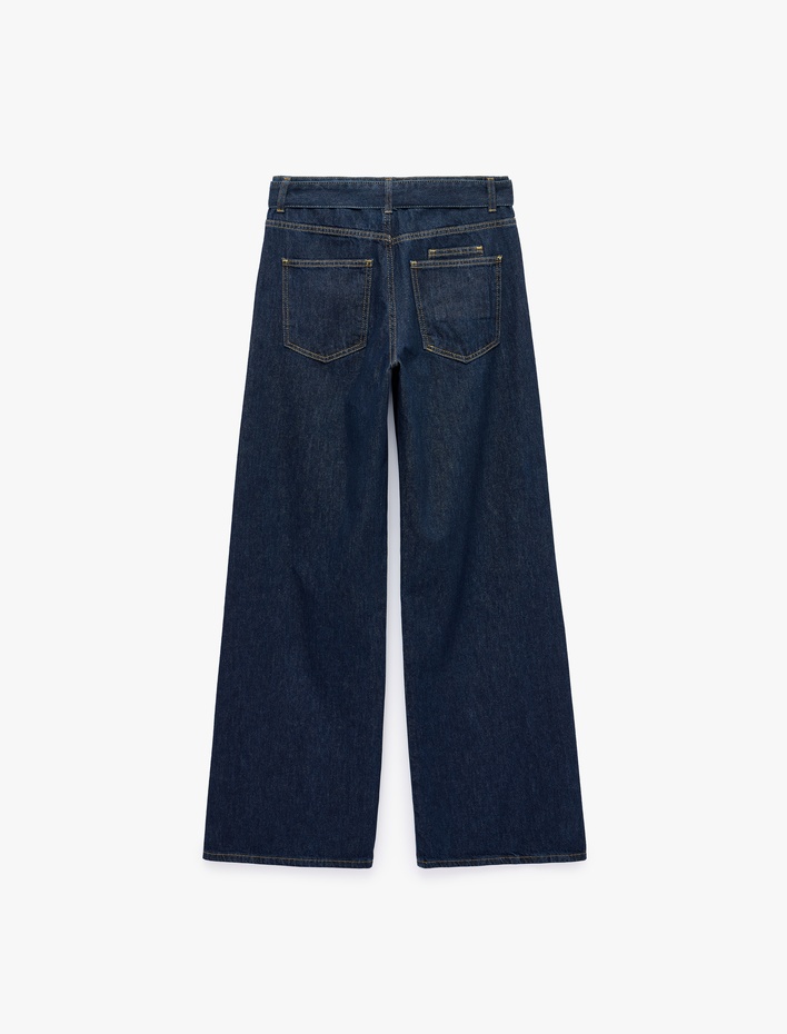  Kemerli Cepli Regular Fit Pamuklu Geniş Paça Denim Pantolon - Wide Leg Jeans