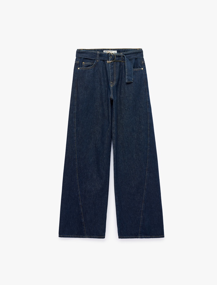  Kemerli Cepli Regular Fit Pamuklu Geniş Paça Denim Pantolon - Wide Leg Jeans