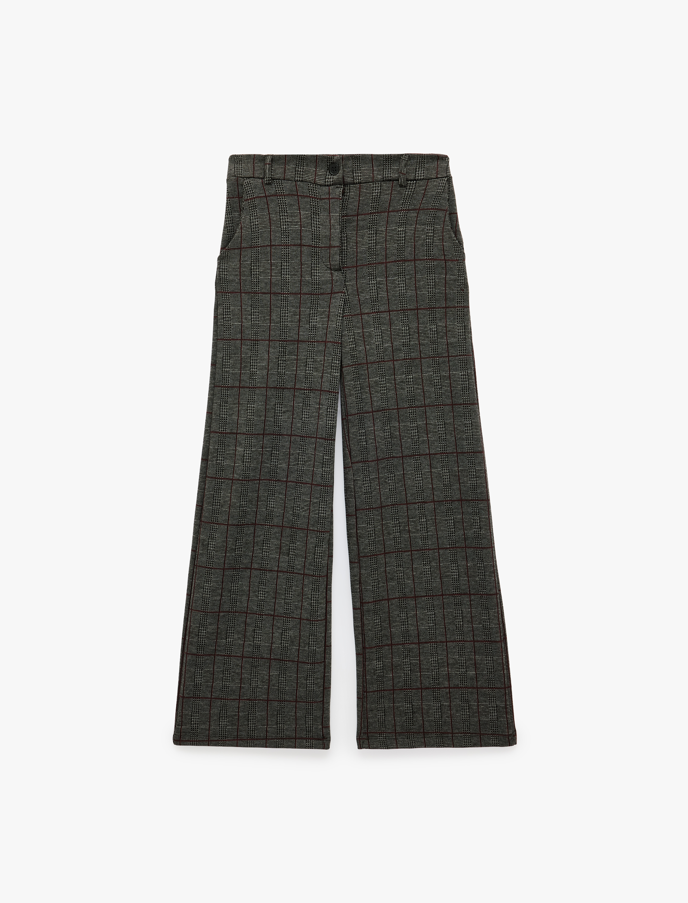  Kız Çocuk Cepli Ekoseli Geniş Paça Pantolon