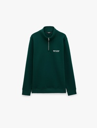 Uzun Kollu Üç İplik Şardonlu Yarım Fermuarlı Baskılı Sweatshirt