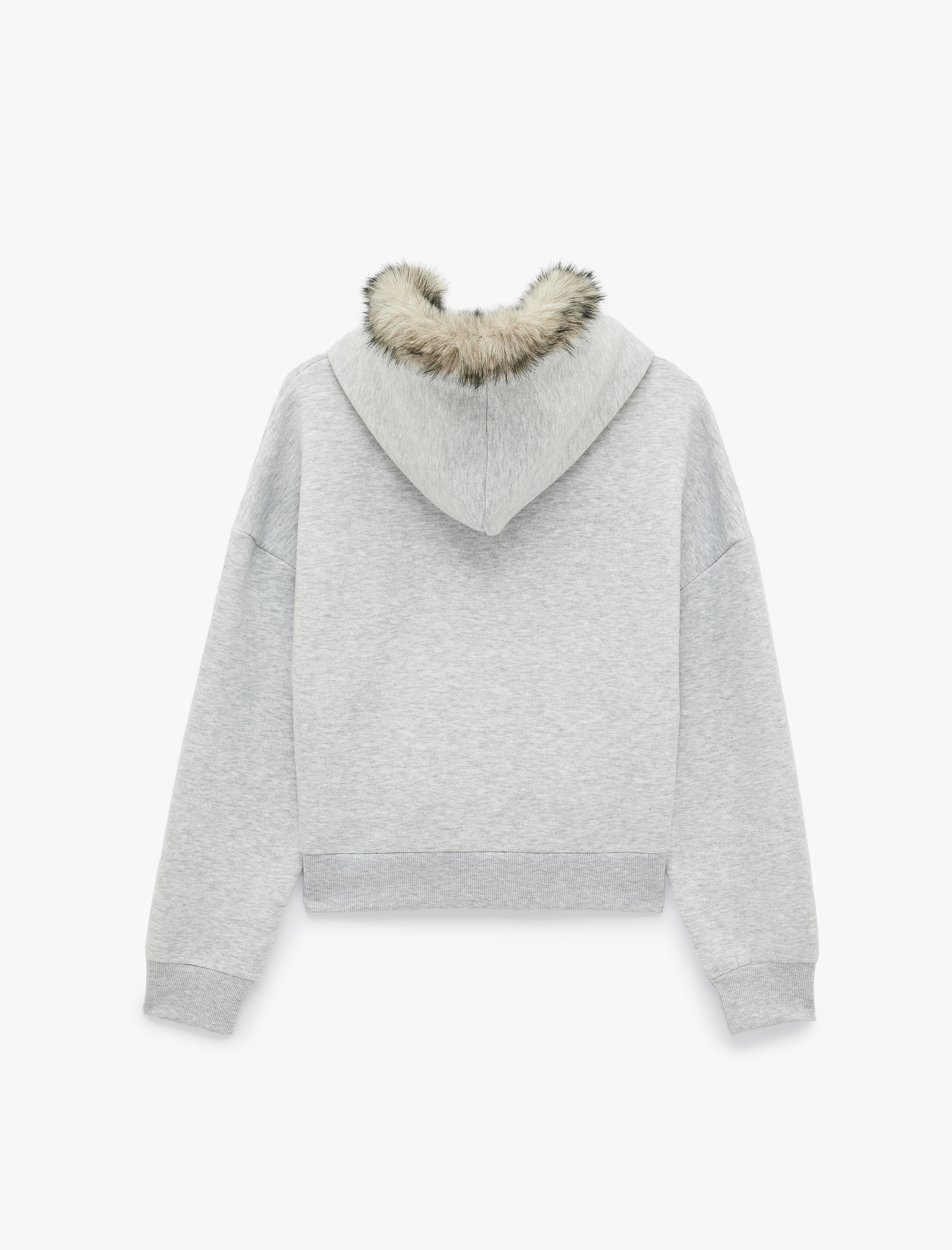   Şardonlu Cepli Rahat Kalıp Uzun Kollu Fermuarlı Suni Kürk Kapüşonlu Sweatshirt