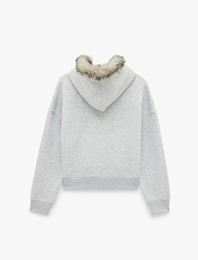 Şardonlu Cepli Rahat Kalıp Uzun Kollu Fermuarlı Suni Kürk Kapüşonlu Sweatshirt