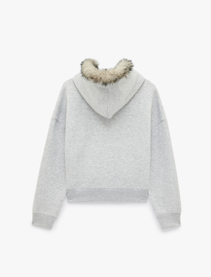  Şardonlu Cepli Rahat Kalıp Uzun Kollu Fermuarlı Suni Kürk Kapüşonlu Sweatshirt