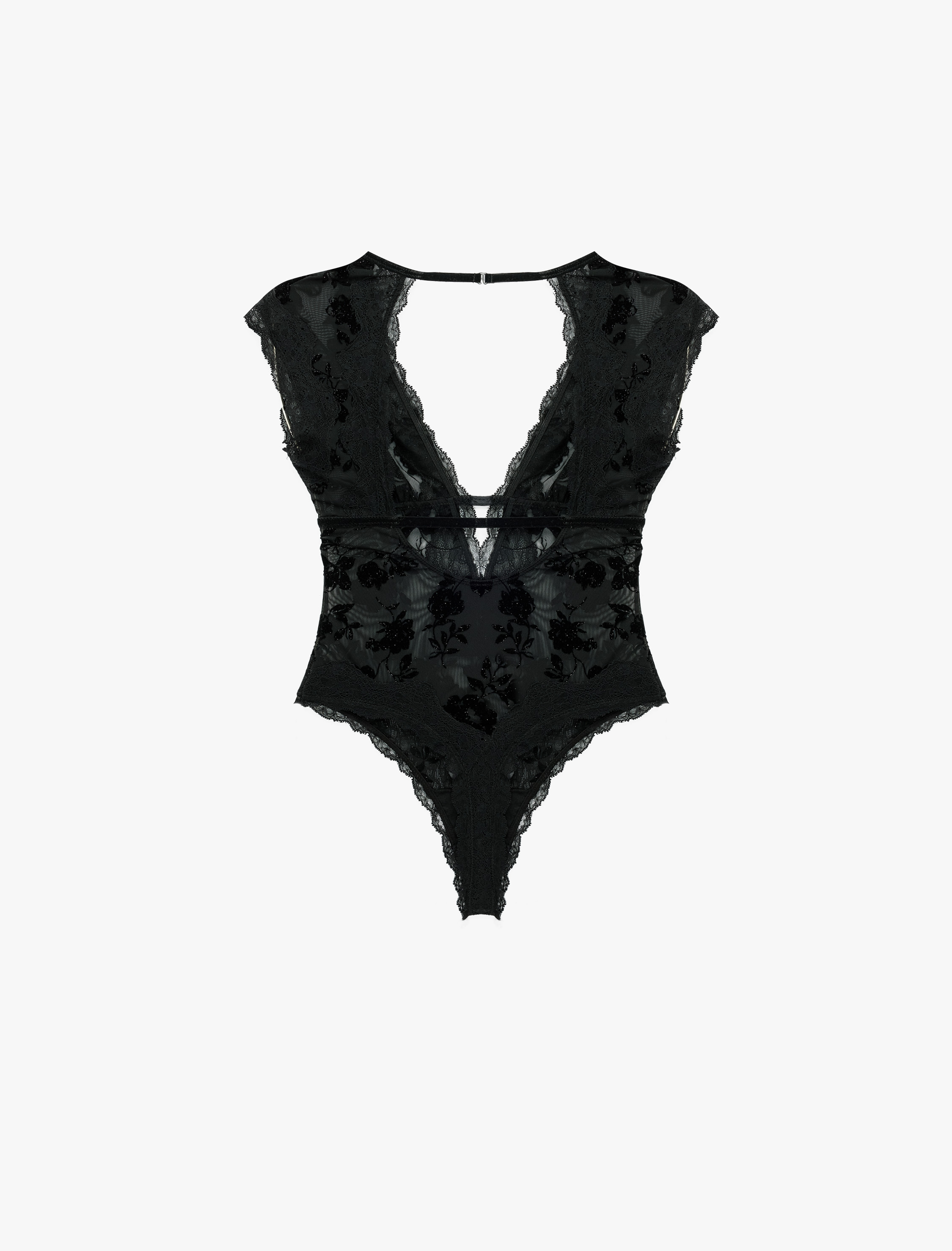   V Yaka Kolsuz Dantelli Çiçekli Tül Bodysuit