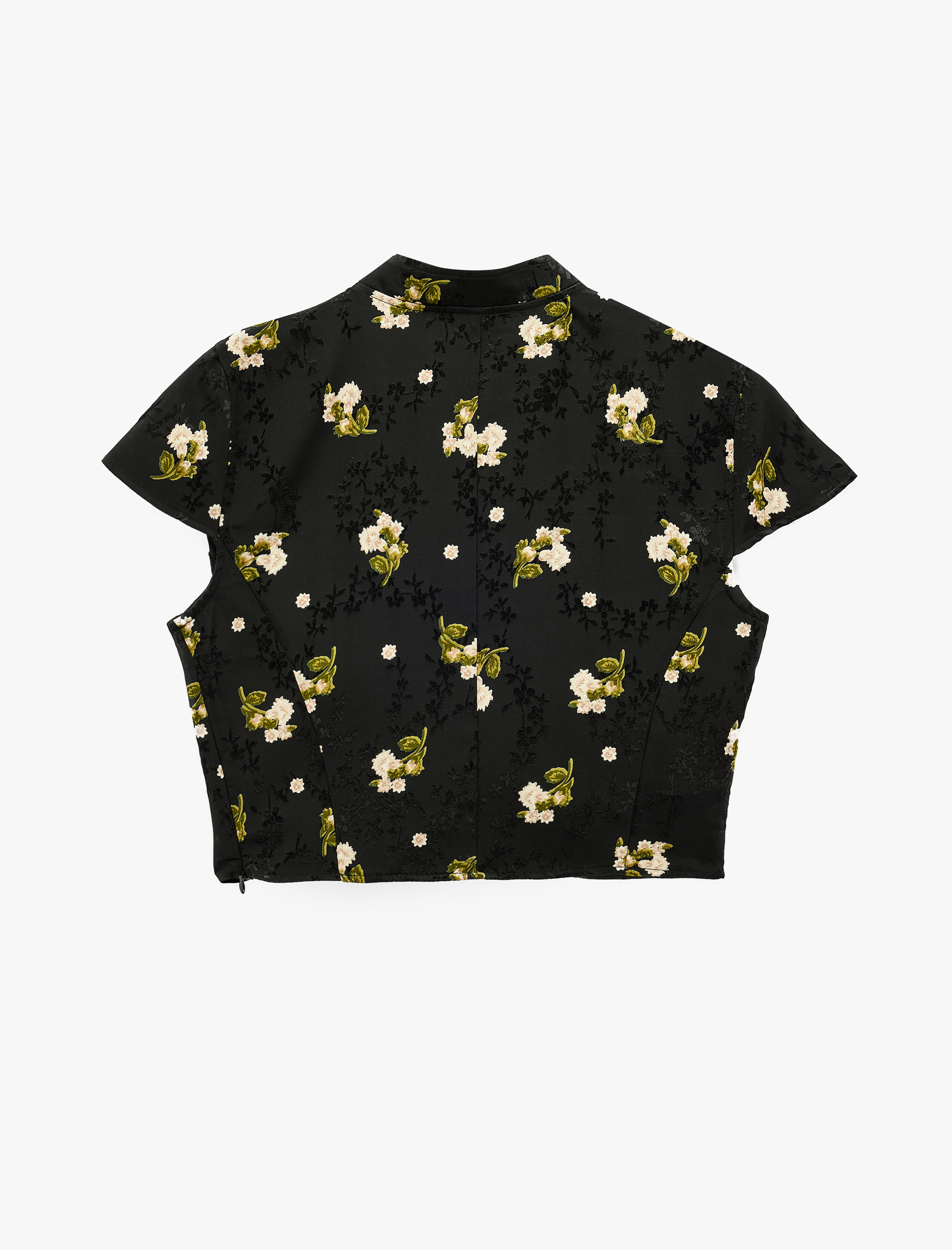   Süslü Düğmeli Kısa Kollu Çiçek Desenli Dik Qipao Yaka Crop Bluz