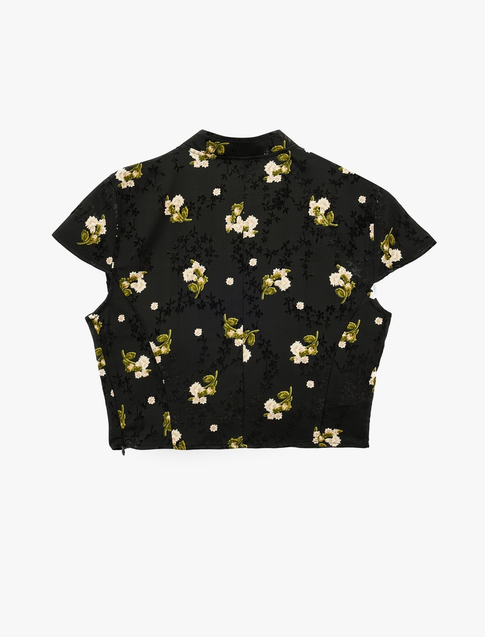  Süslü Düğmeli Kısa Kollu Çiçek Desenli Dik Qipao Yaka Crop Bluz