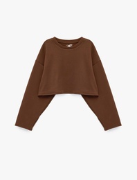 Rahat Kalıp Bisiklet Yaka Uzun Kollu Spor Crop Sweatshirt