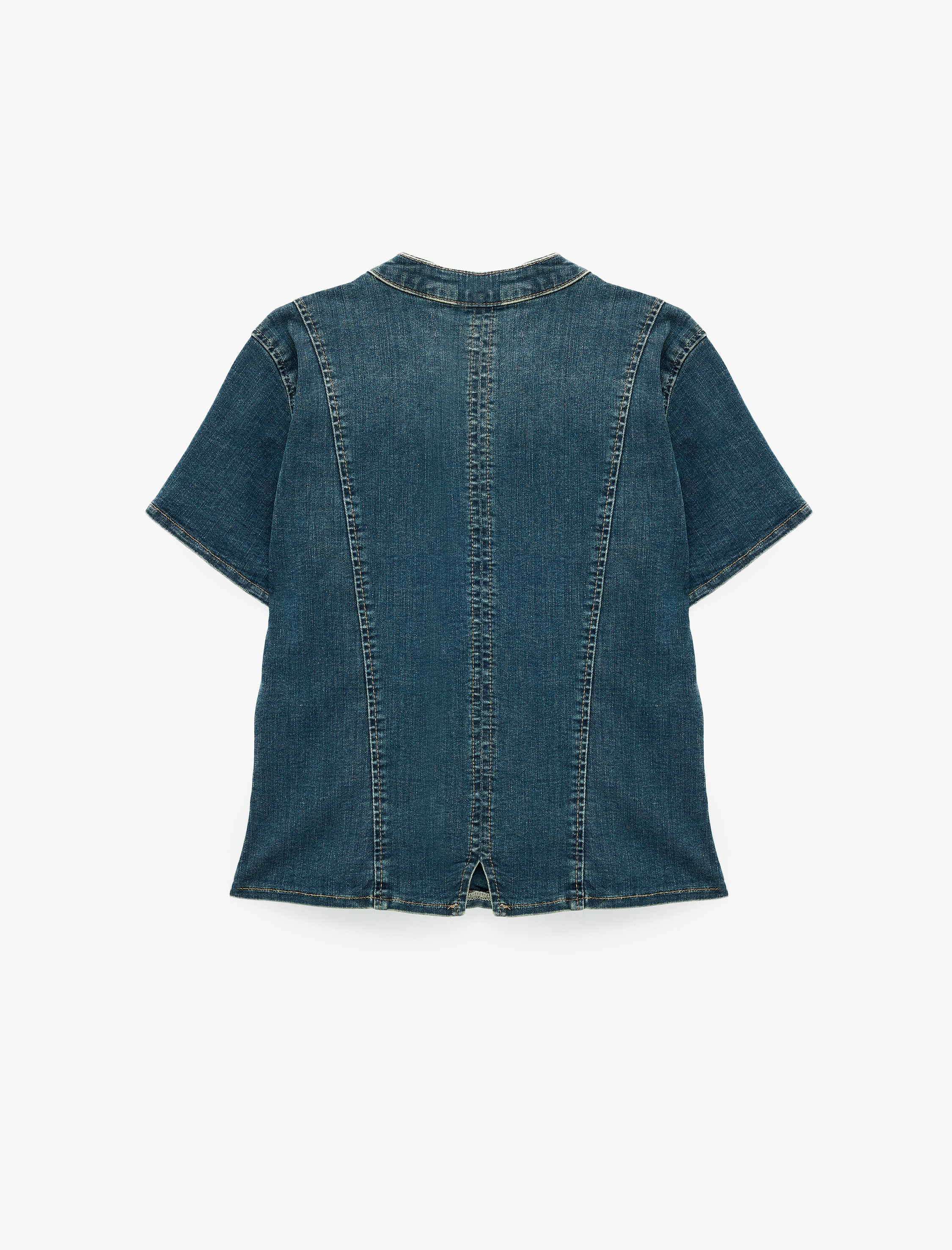   Nakışlı Süslü Düğme Kapamalı Fermuarlı V Yaka Kısa Kollu Peplum Denim Bluz