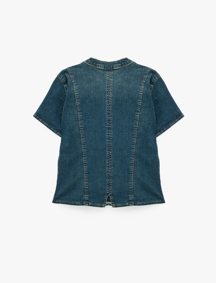  Nakışlı Süslü Düğme Kapamalı Fermuarlı V Yaka Kısa Kollu Peplum Denim Bluz