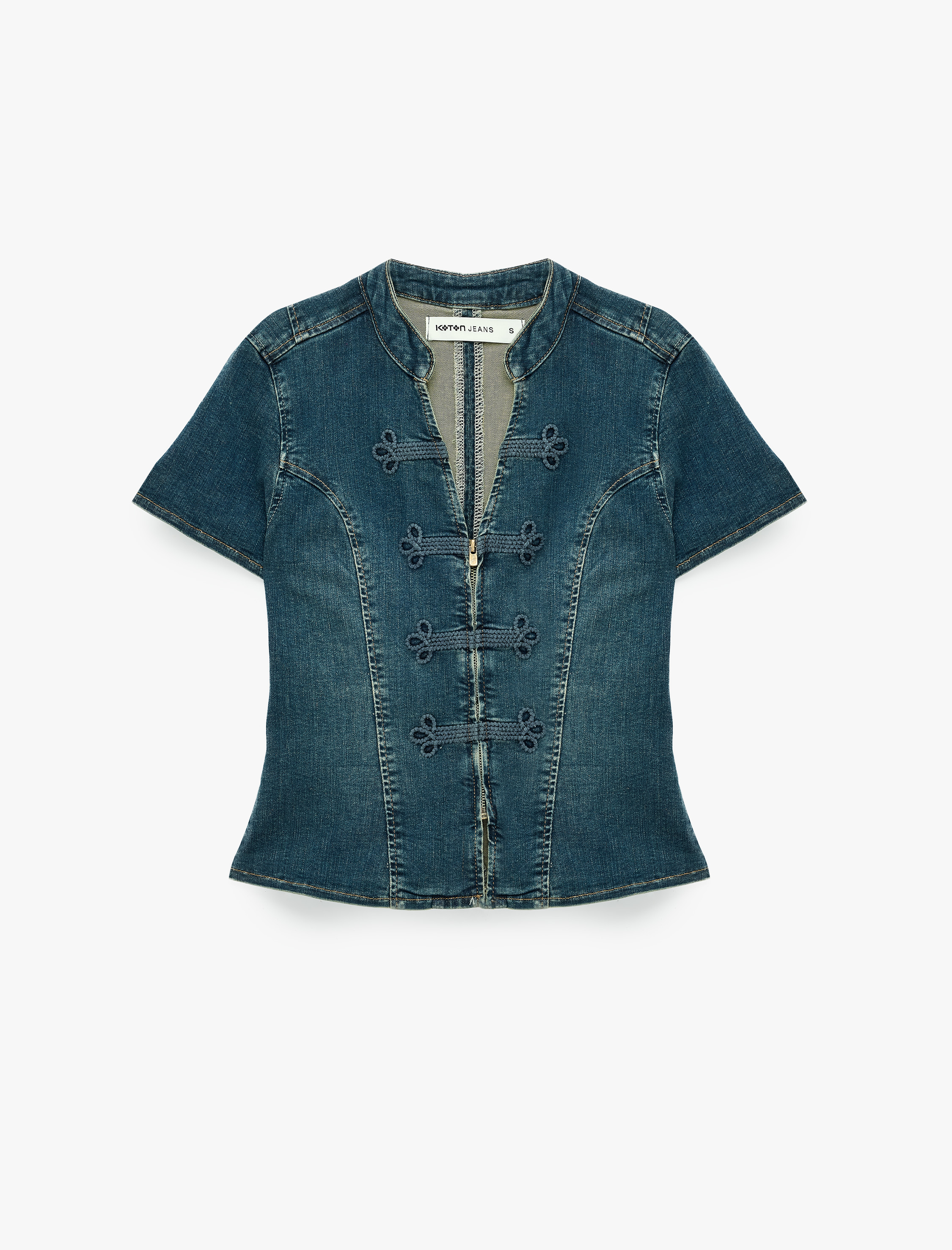   Nakışlı Süslü Düğme Kapamalı Fermuarlı V Yaka Kısa Kollu Peplum Denim Bluz