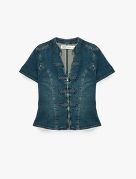Nakışlı Süslü Düğme Kapamalı Fermuarlı V Yaka Kısa Kollu Peplum Denim Bluz