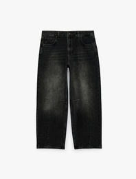 Cepli Düğmeli Yıkamalı Normal Bel Düz Paça Barrel Denim Pantolon - Barrel Jeans