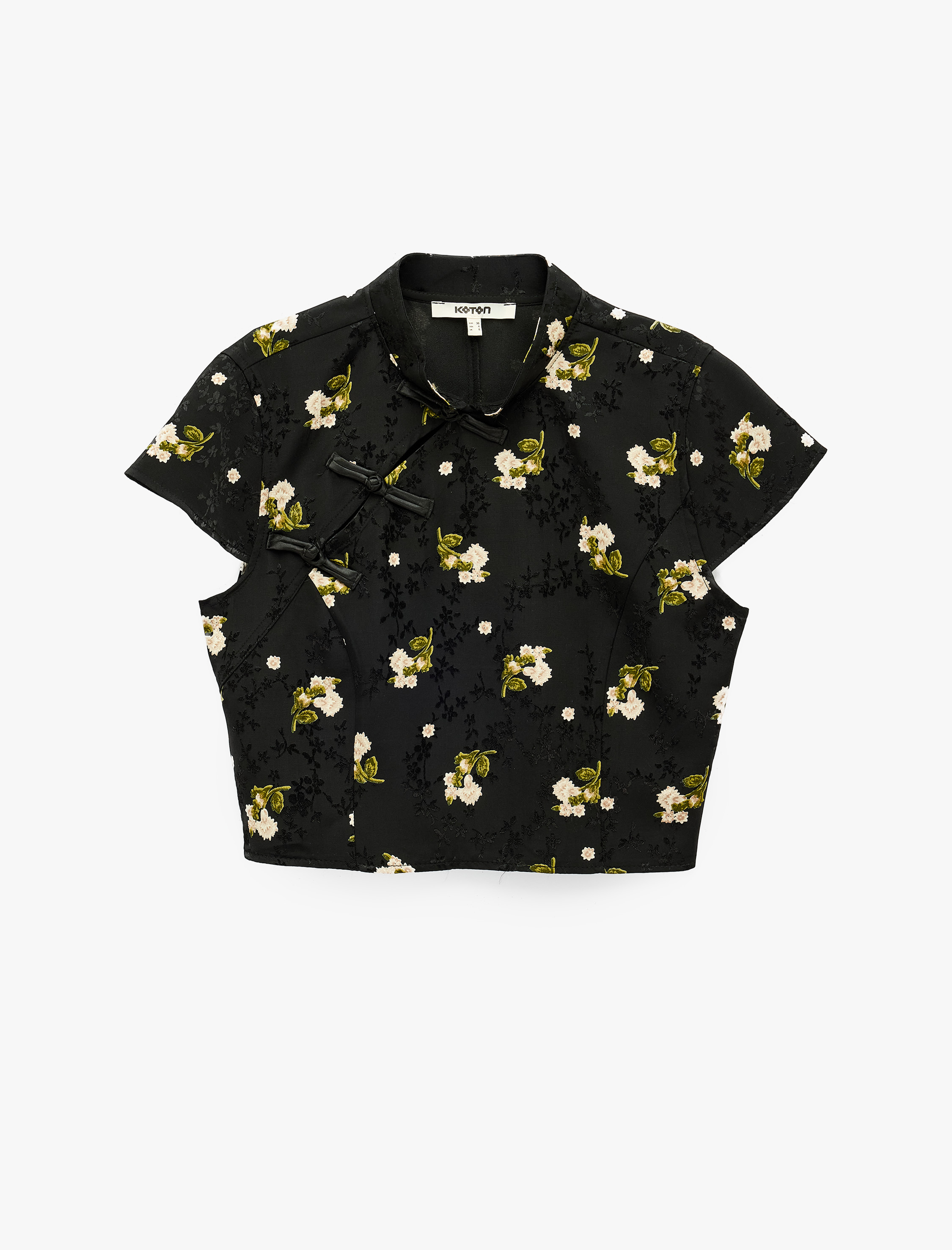   Süslü Düğmeli Kısa Kollu Çiçek Desenli Dik Qipao Yaka Crop Bluz