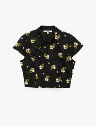 Süslü Düğmeli Kısa Kollu Çiçek Desenli Dik Qipao Yaka Crop Bluz