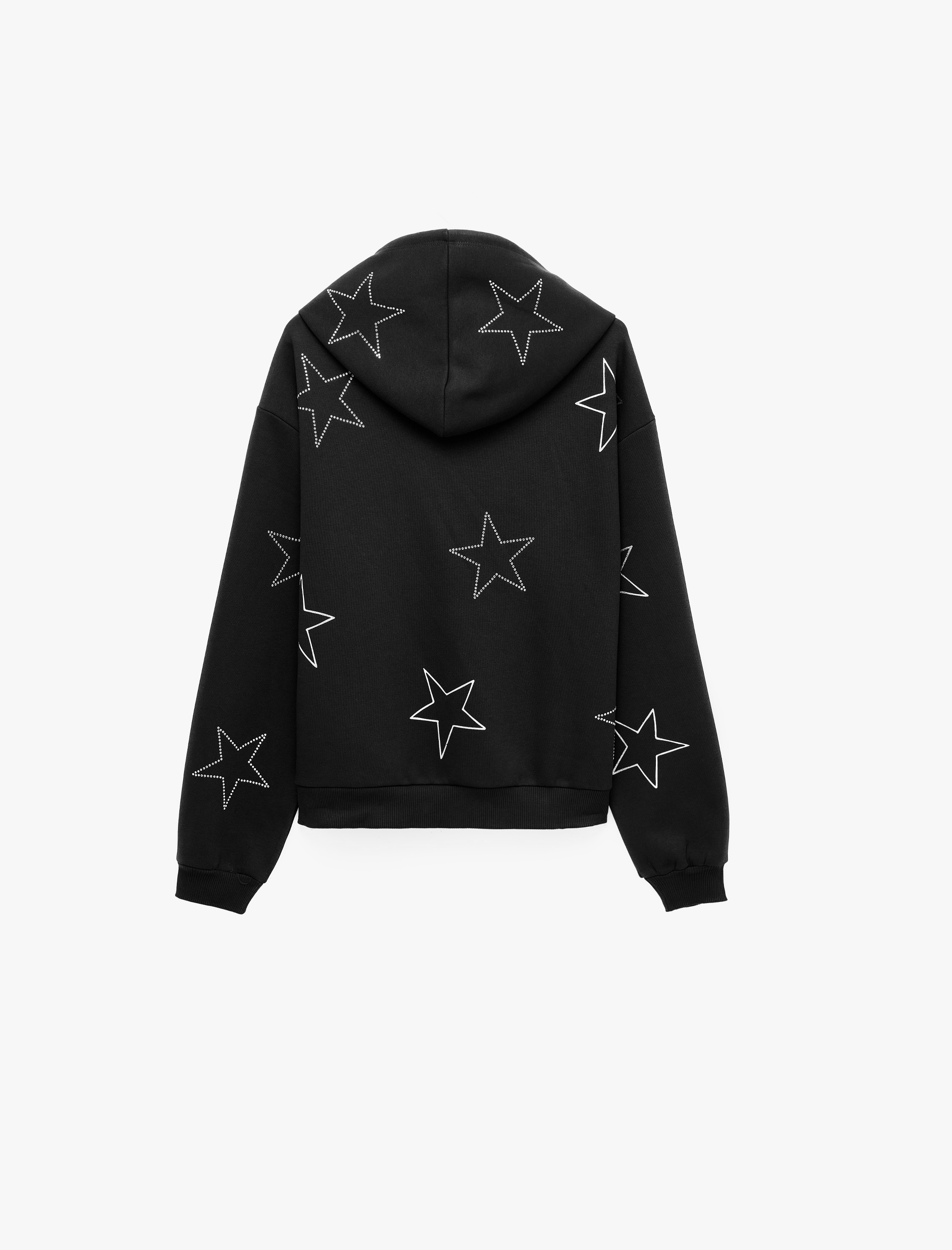   Yıldız Motifli Taşlı Rahat Kalıp Uzun Kollu Kapüşonlu Sweatshirt