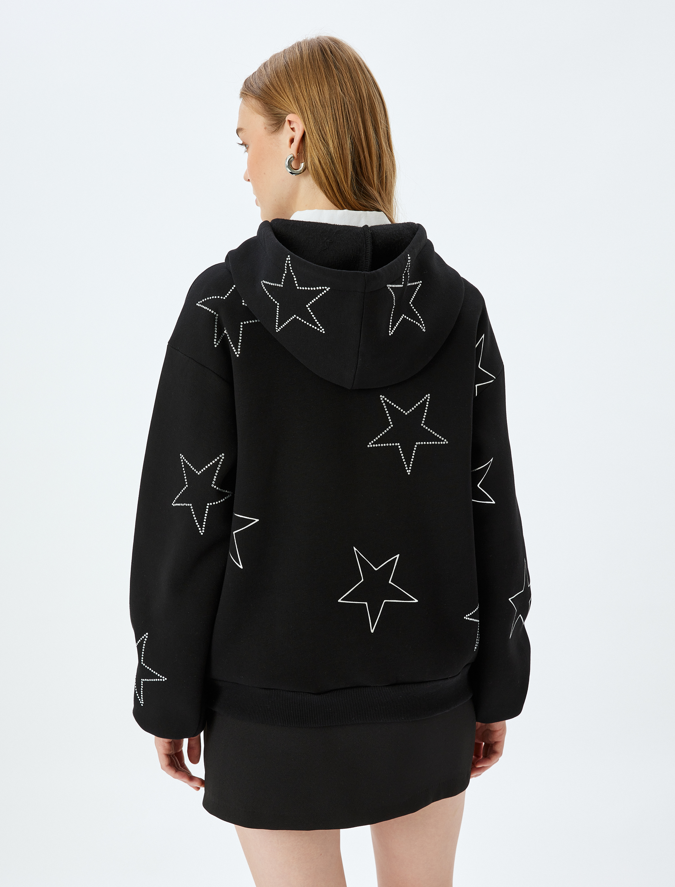   Yıldız Motifli Taşlı Rahat Kalıp Uzun Kollu Kapüşonlu Sweatshirt