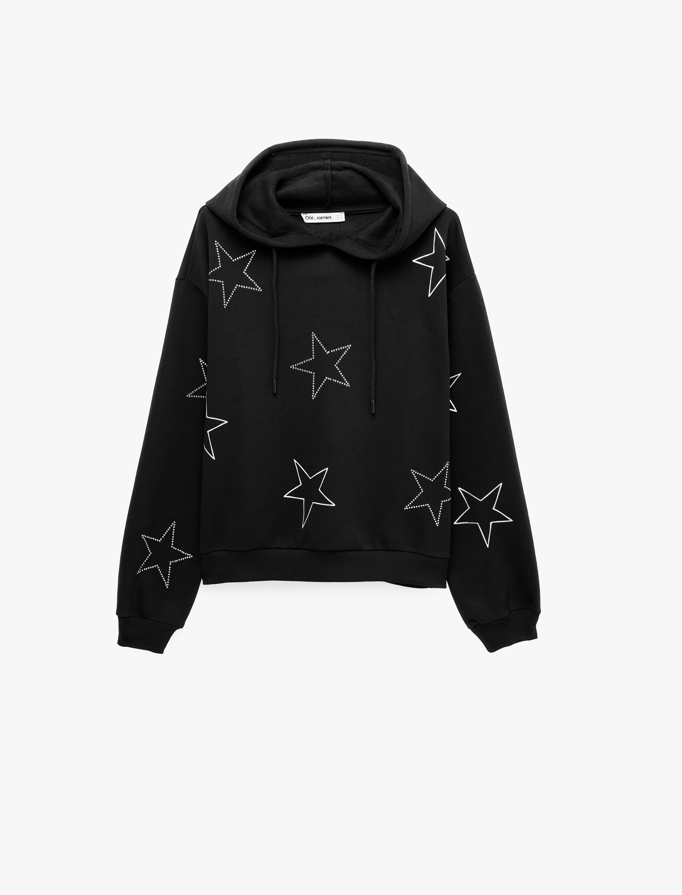   Yıldız Motifli Taşlı Rahat Kalıp Uzun Kollu Kapüşonlu Sweatshirt