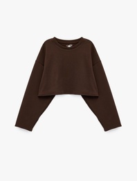 Rahat Kalıp Bisiklet Yaka Uzun Kollu Spor Crop Sweatshirt