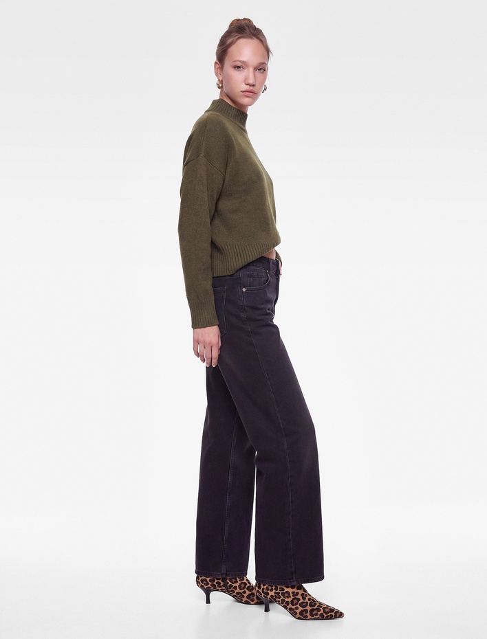  Pamuklu Cepli Düğmeli Düşük Bel Düz Bol Kalıp Denim Pantolon - Loose Straight Fit Jean