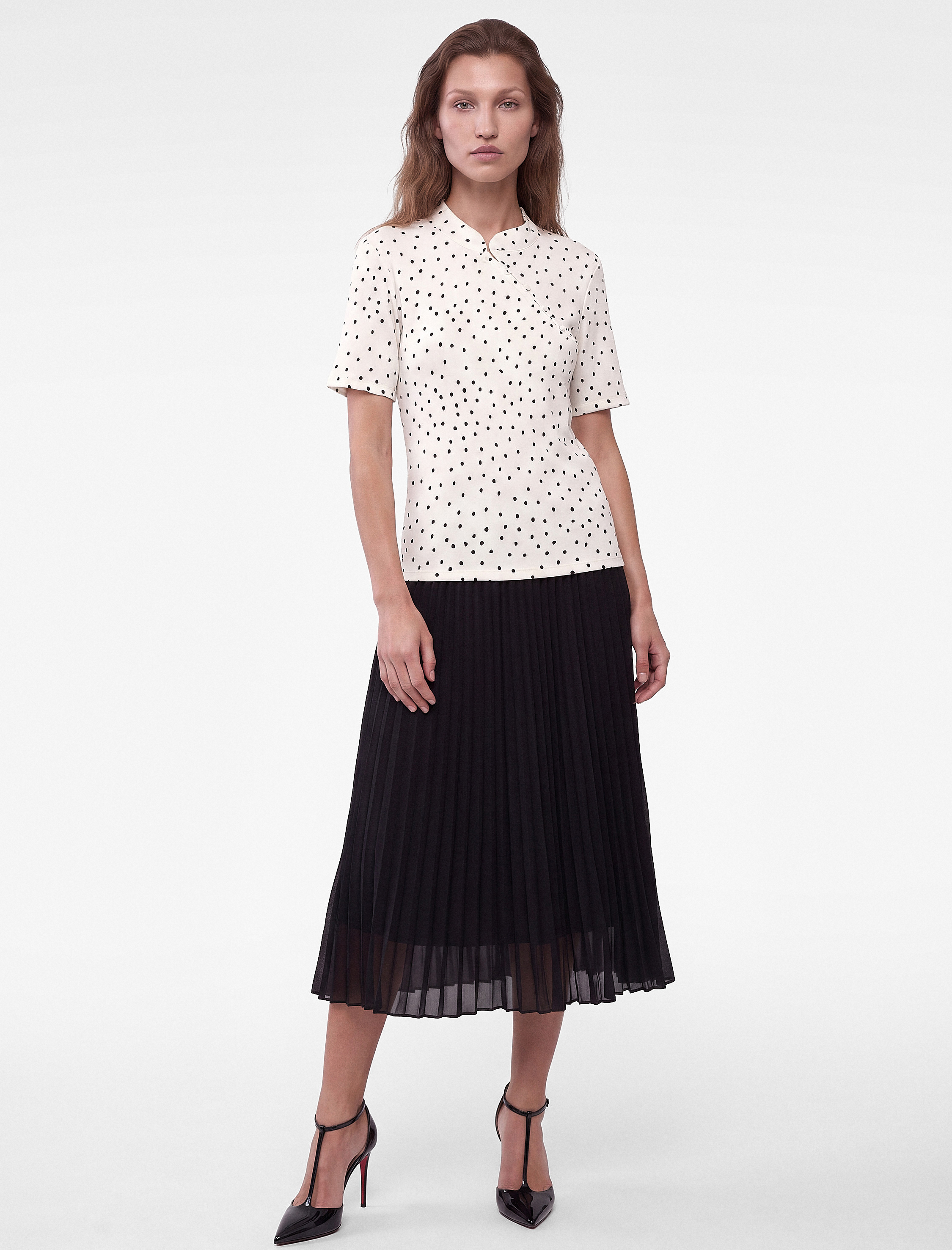   Mandarin Qipao Yaka Düğmeli Kısa Kollu Bürümcük Puantiyeli Bluz