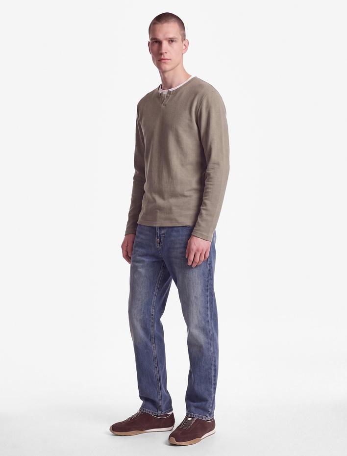  Pamuklu Pike Kumaş Hakim Yaka Uzun Kollu Sweatshirt