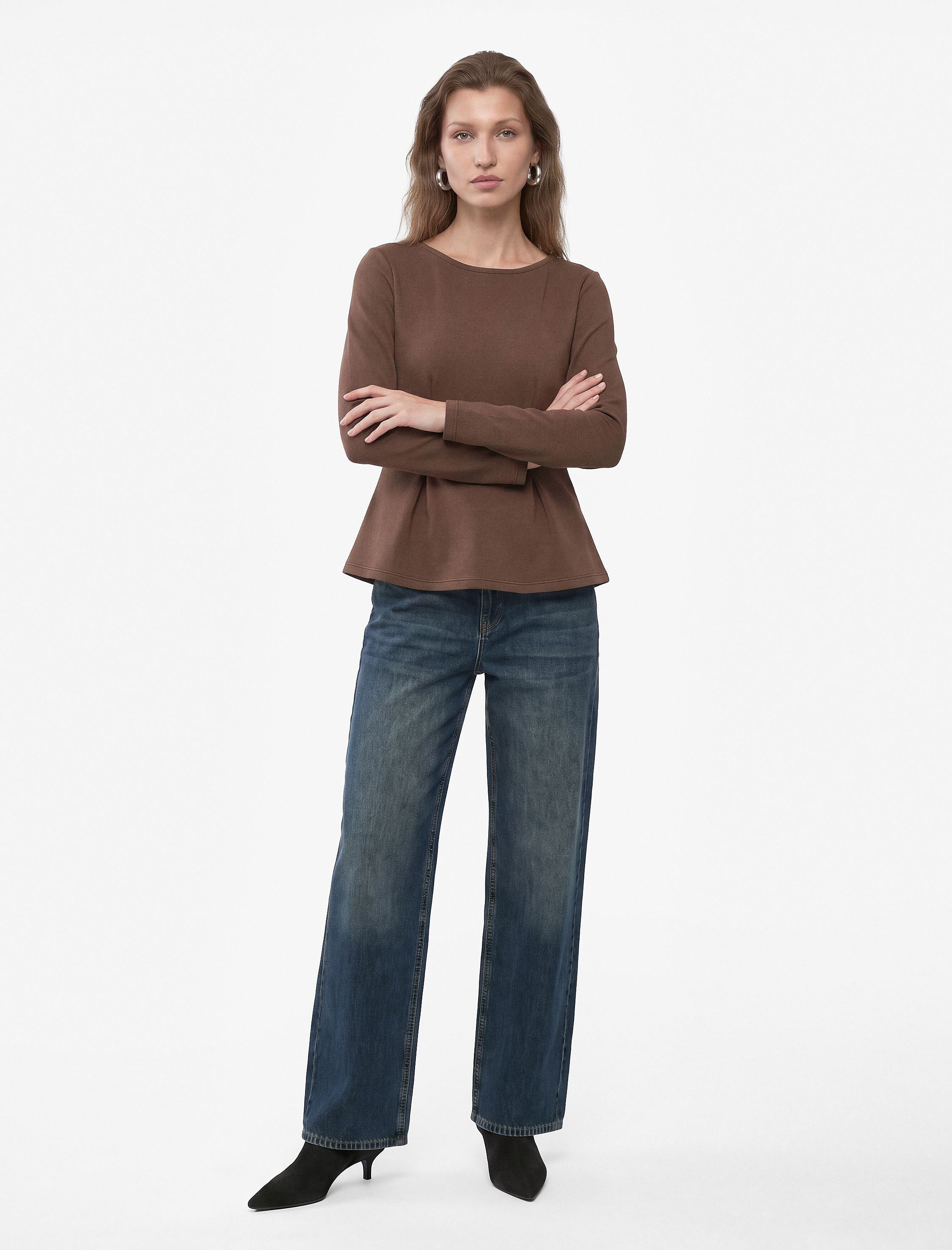  Slim Fit Pamuklu Bisiklet Yaka Uzun Kollu Pileli Peplum Bluz