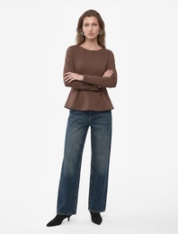 Slim Fit Pamuklu Bisiklet Yaka Uzun Kollu Pileli Peplum Bluz