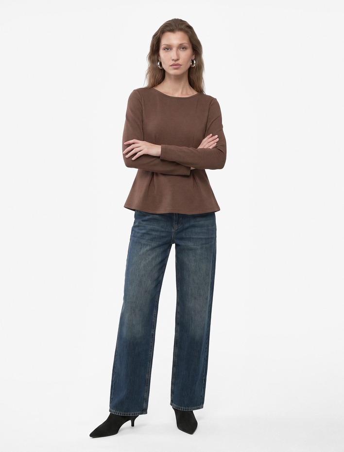  Slim Fit Pamuklu Bisiklet Yaka Uzun Kollu Pileli Peplum Bluz