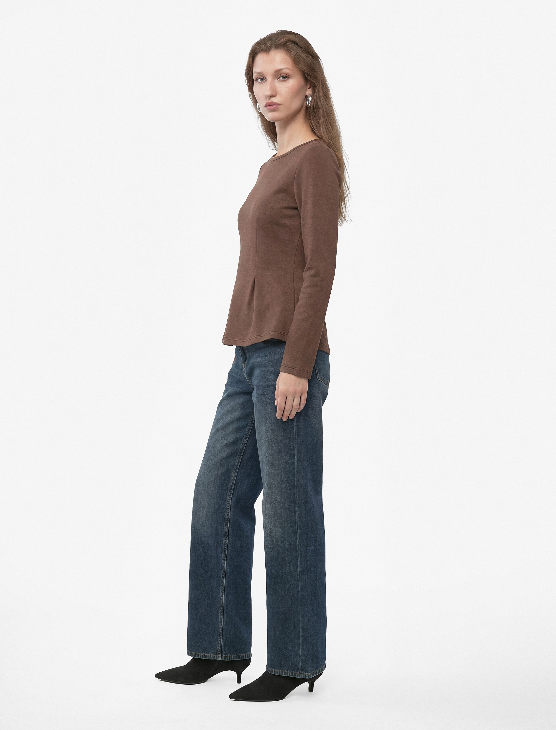   Slim Fit Pamuklu Bisiklet Yaka Uzun Kollu Pileli Peplum Bluz