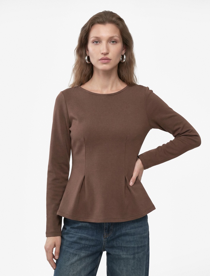  Slim Fit Pamuklu Bisiklet Yaka Uzun Kollu Pileli Peplum Bluz