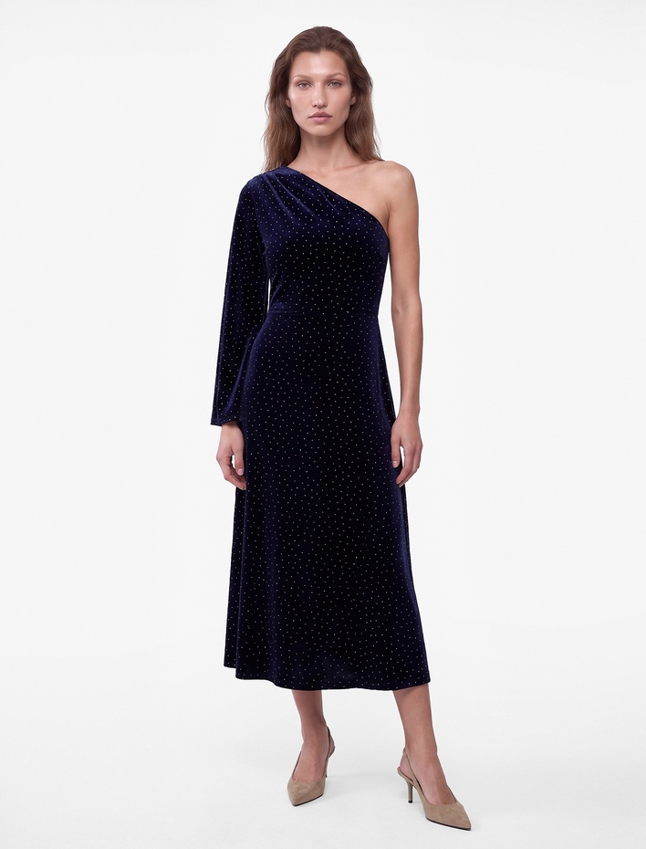  Slim Fit Uzun Kollu Taşlı Tek Omuz Midi Kadife Elbise