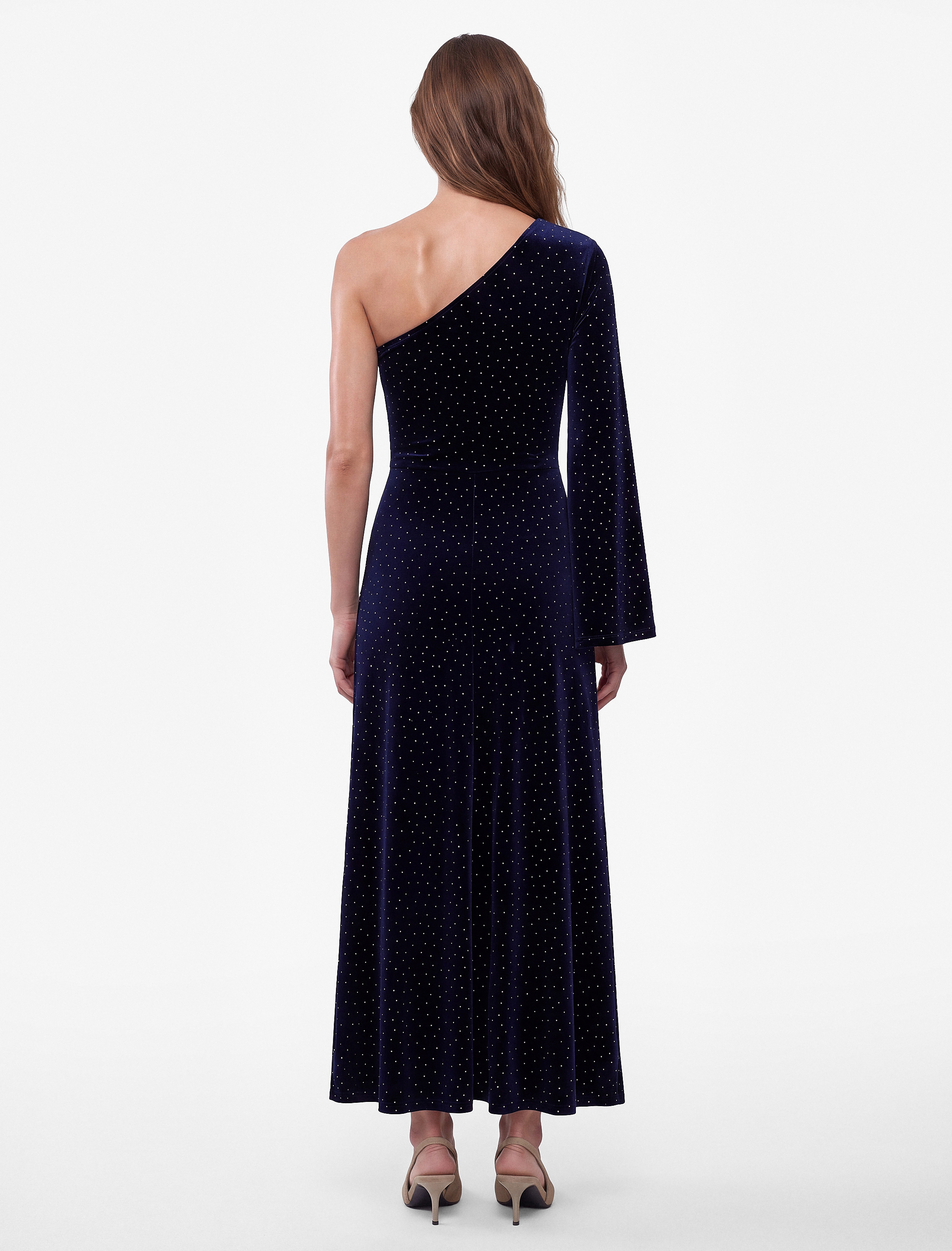   Slim Fit Uzun Kollu Taşlı Tek Omuz Midi Kadife Elbise
