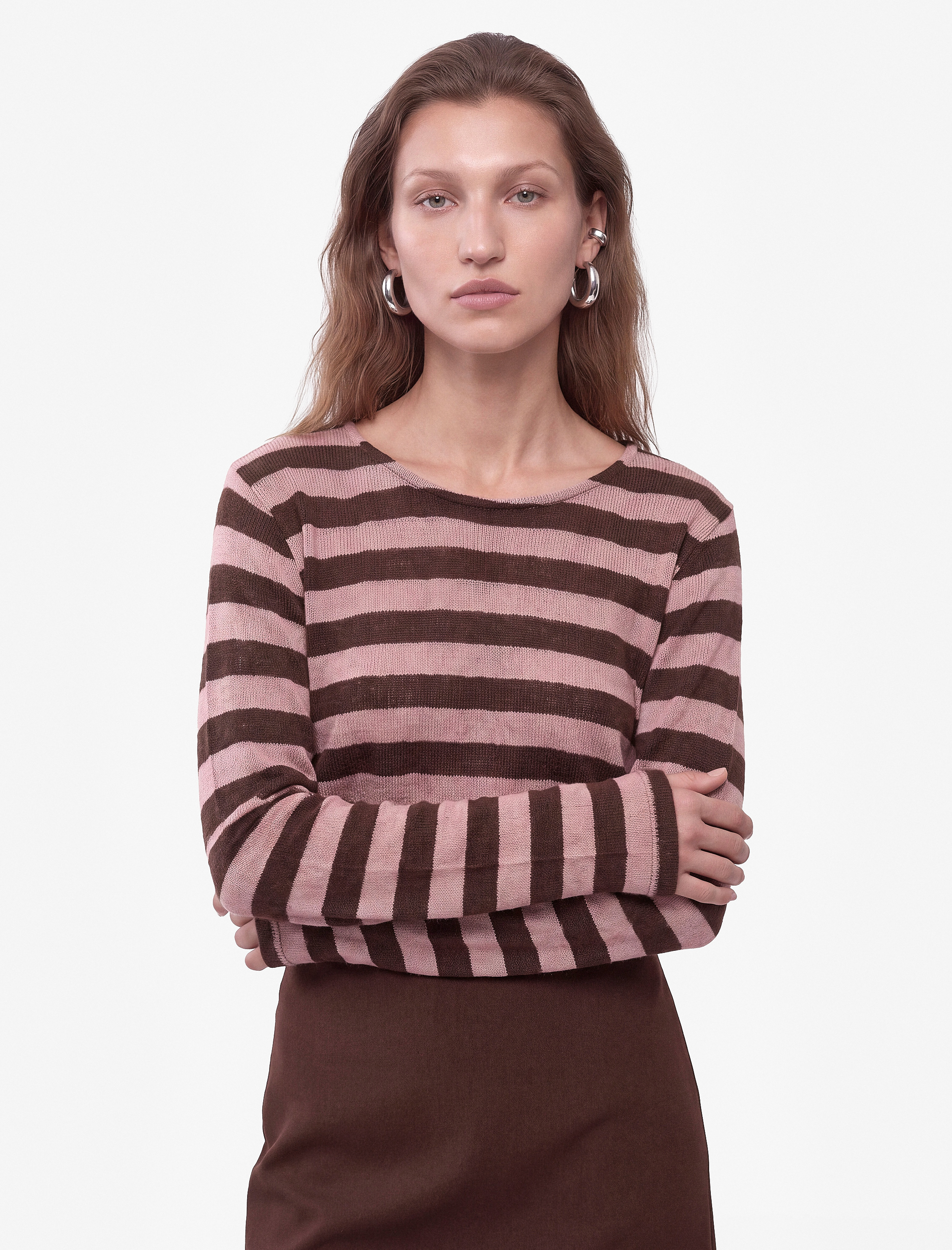   Slim Fit Bisiklet Yaka Uzun Kollu Çizgili Tişört