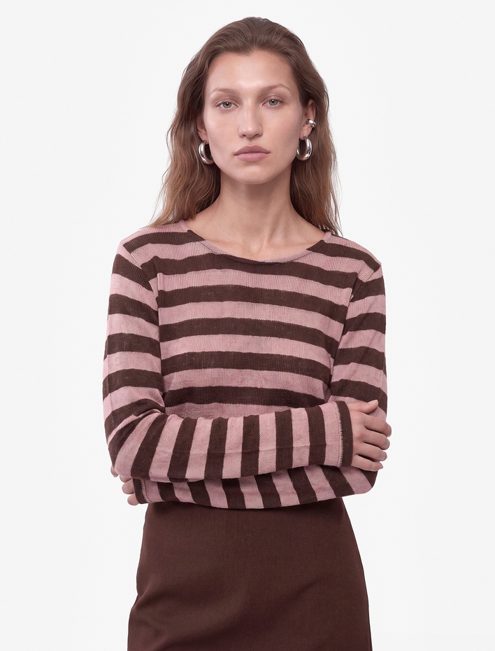  Slim Fit Bisiklet Yaka Uzun Kollu Çizgili Tişört