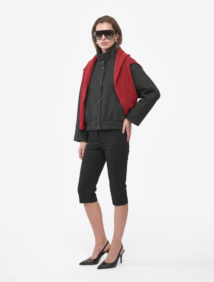  Cepli Uzun Kollu Düğmeli Dik Yaka Oversize Kaşe Bomber Ceket