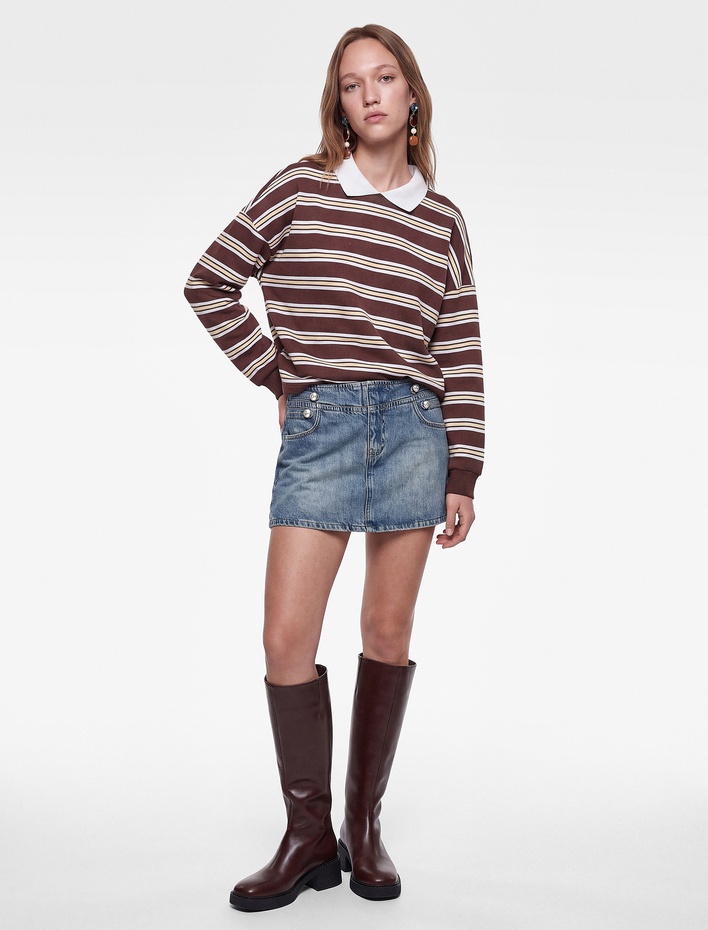  Rahat Kalıp Uzun Kollu Çizgili Polo Yaka Sweatshirt