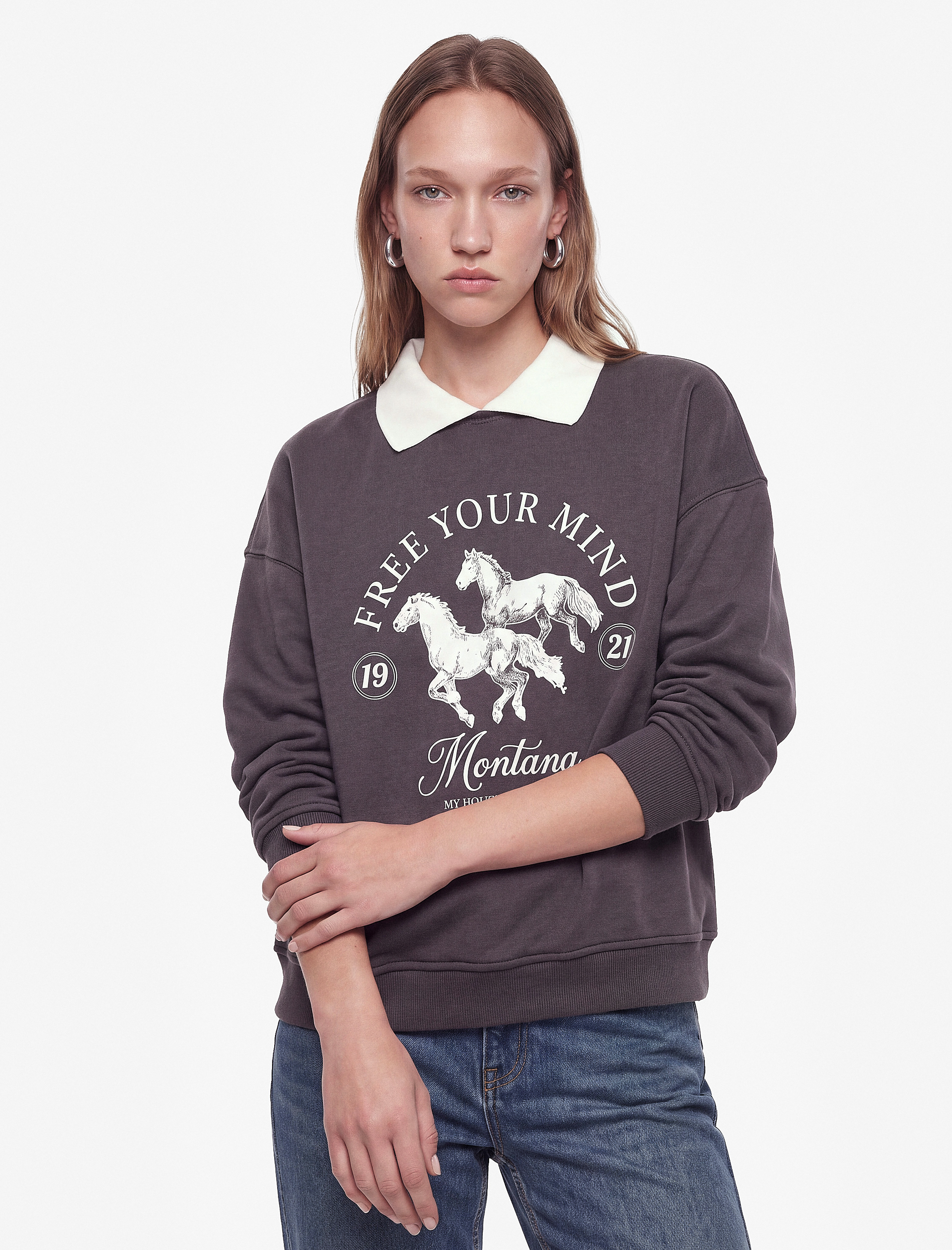   Şardonlu Rahat Kalıp Uzun Kollu Baskılı Polo Yaka Sweatshirt