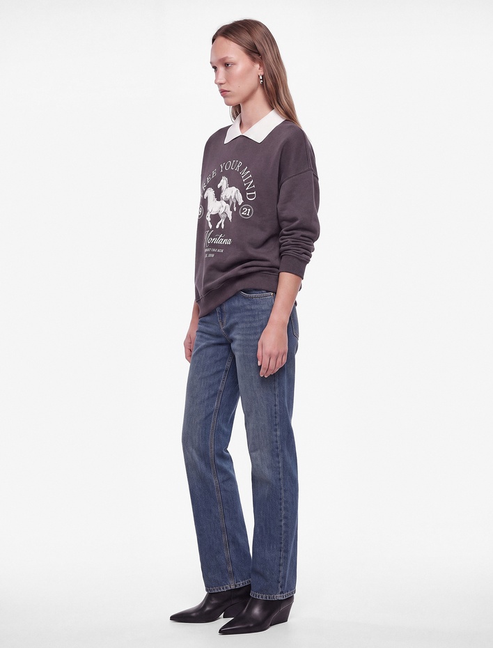  Şardonlu Rahat Kalıp Uzun Kollu Baskılı Polo Yaka Sweatshirt