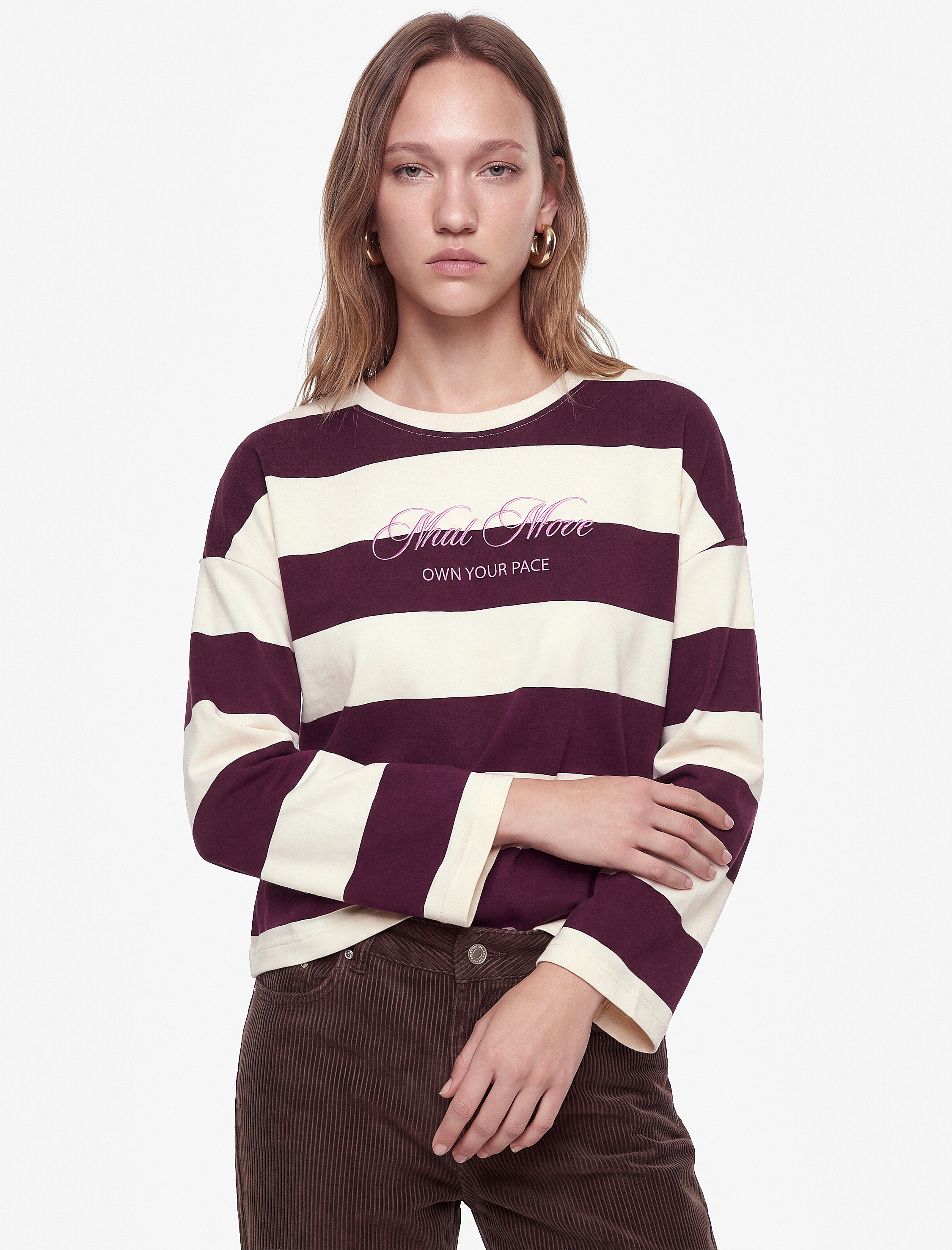   Rahat Kalıp Uzun Kollu Bisiklet Yaka Arkası Baskılı Çizgili Sweatshirt