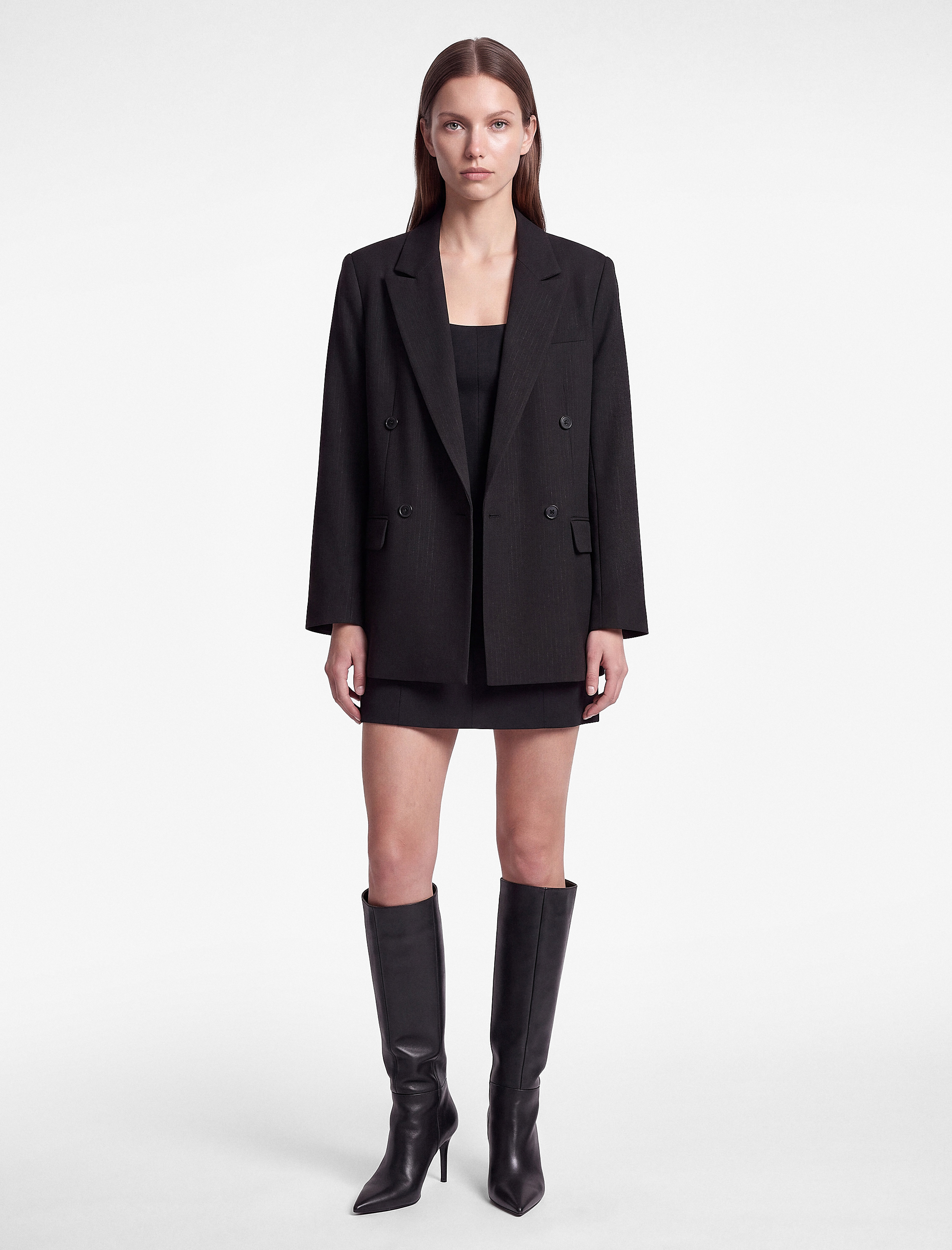   Uzun Kollu Cepli Düğmeli Oversize Kruvaze Blazer Ceket