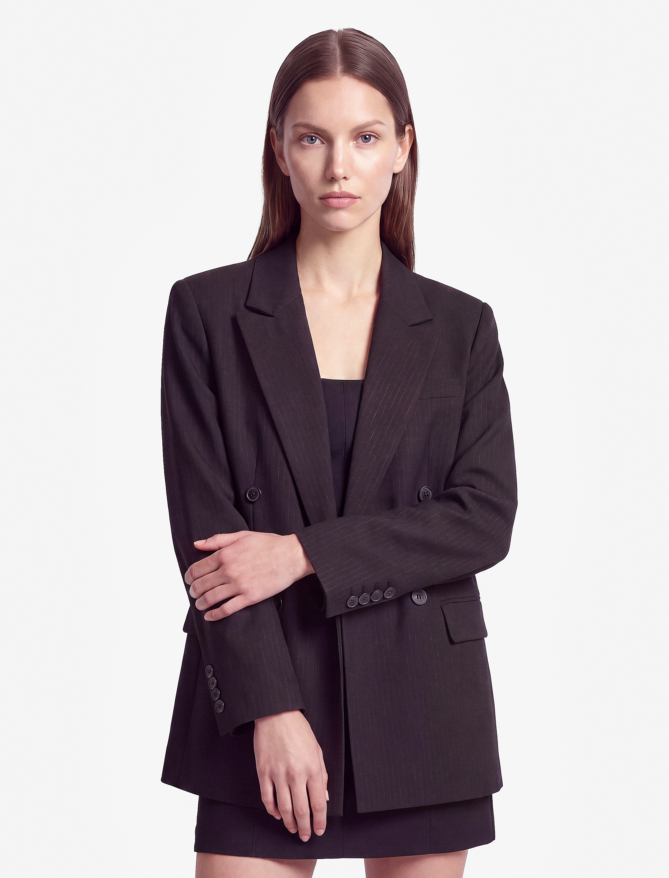   Uzun Kollu Cepli Düğmeli Oversize Kruvaze Blazer Ceket