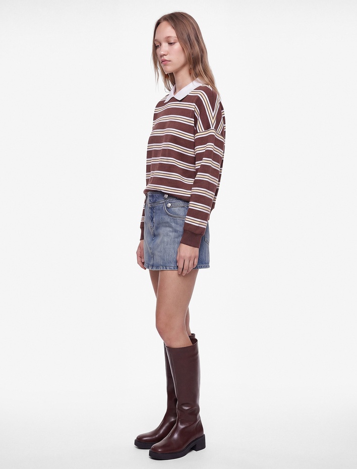  Rahat Kalıp Uzun Kollu Çizgili Polo Yaka Sweatshirt