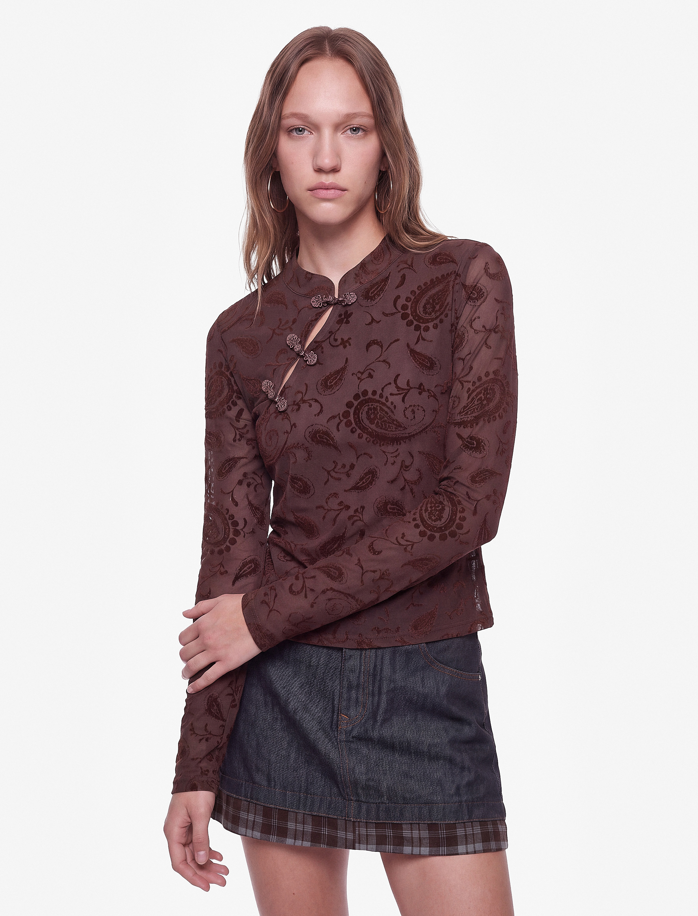   Slim Fit Mandarin Qipao Yaka Düğmeli Uzun Kollu Tül Tişört