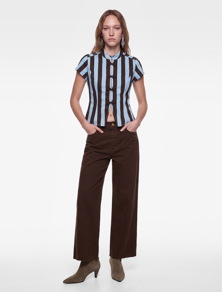  Kısa Kollu Süslü Düğmeli Qipao Yaka Çizgili Denim Bluz
