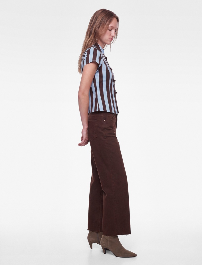  Kısa Kollu Süslü Düğmeli Qipao Yaka Çizgili Denim Bluz
