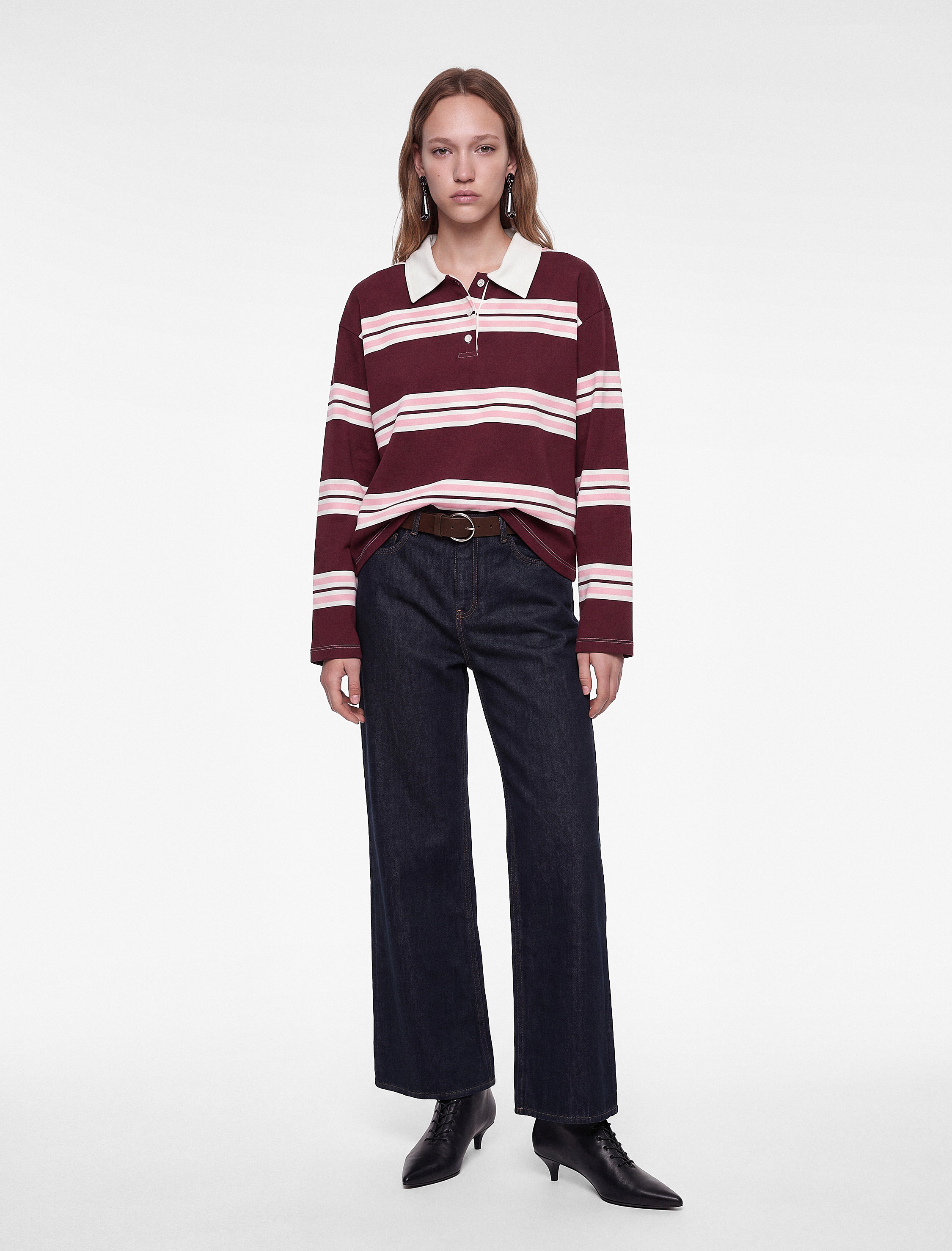   Şardonlu Rahat Kalıp Uzun Kollu Düğmeli Çizgili Polo Yaka Sweatshirt