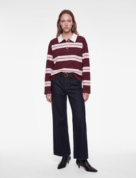 Şardonlu Rahat Kalıp Uzun Kollu Düğmeli Çizgili Polo Yaka Sweatshirt