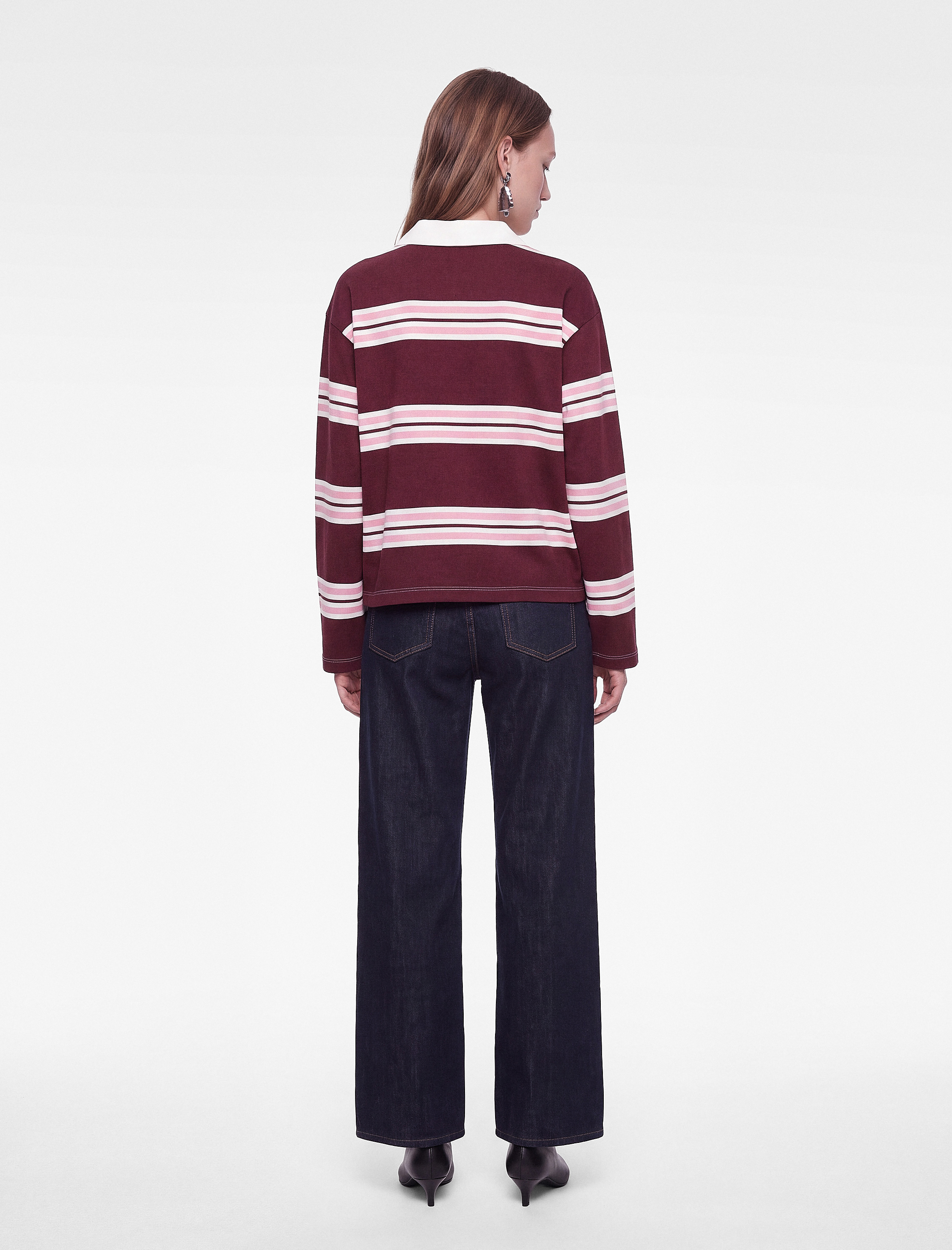   Şardonlu Rahat Kalıp Uzun Kollu Düğmeli Çizgili Polo Yaka Sweatshirt